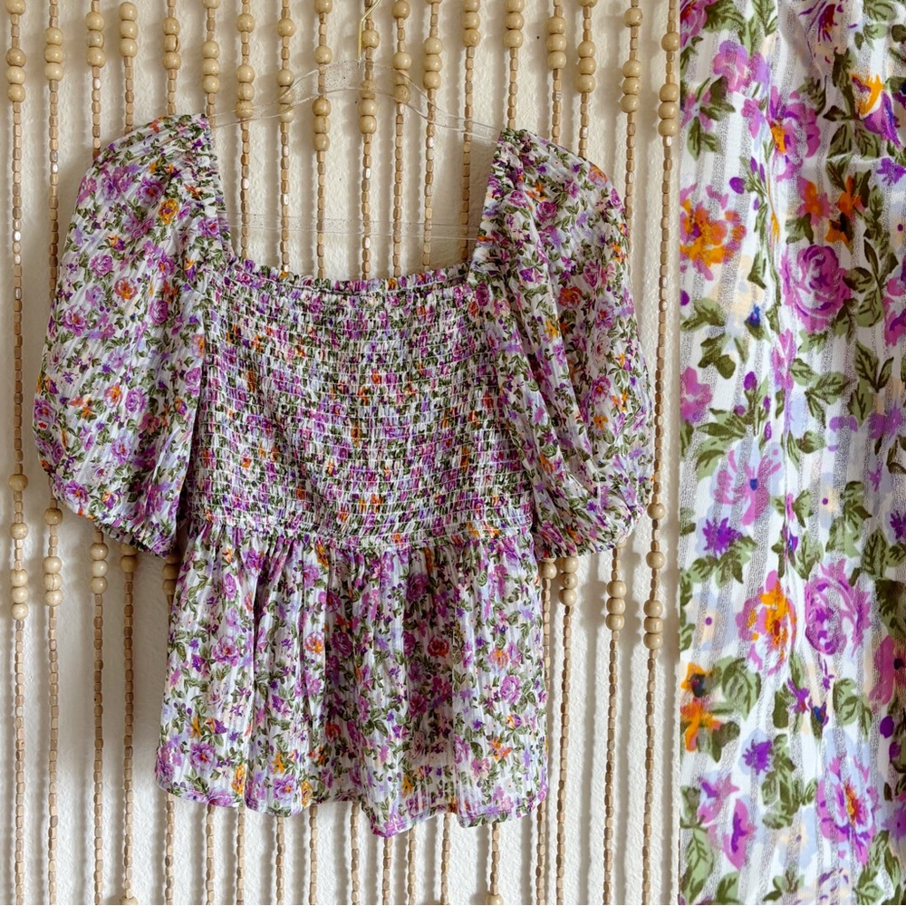 Dizzy Love Country Cottage Floral Girly Smocked Peasant Boho Short Sleeve Blouse
